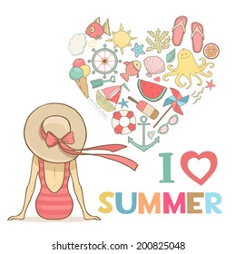 Summer woman in hat, I love summer art. Cute vector illustration