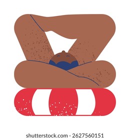Summer. Woman lying on a floating air mattress and sunbathing. Flat geometric simple cartoon vector illustration.