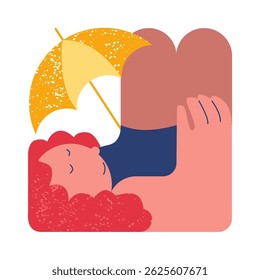 Summer. Woman is lying under an umbrella and sunbathing. Flat geometric simple cartoon vector illustration.