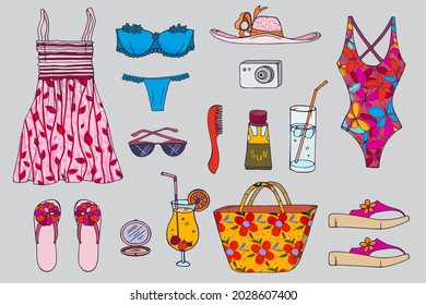 Summer woman outfit for beach, swimwear, sun dress, bag, cocktail and various accessories. Vector set. Fashion illustration.