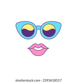 Summer woman sunglasses and lips funky comic Y2k groovy style icon vector flat illustration. Female eyeglasses and mouth cartoon minimal trendy sticker funky design for t shirt print isolated