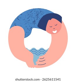 Summer. Woman swims and dives in the sea. Flat geometric simple cartoon vector illustration.