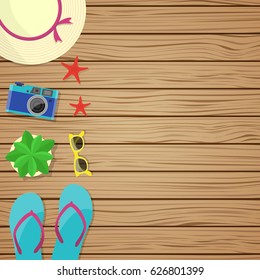 Summer woman's accessories on a wooden table. Vector illustration.
