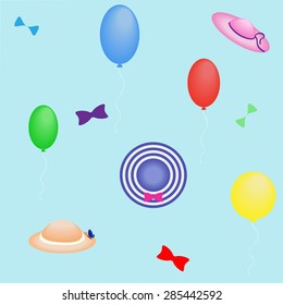 Summer woman's hats and balloons on blue background, seamless pattern, vector illustration