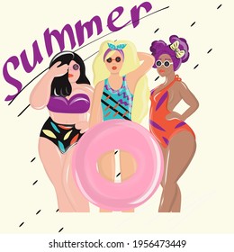 Juego de vectores de mujeres de verano. Concepto vectorial de vacaciones de verano. Bollo de verano.