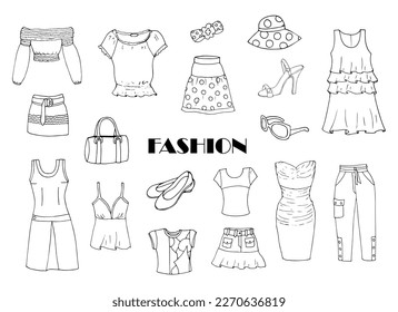 Summer women clothes on doodle style on white background