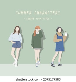 Summer Women style, cute characters, and fashionable. Women wearing Summer clothes illustration. Woman illustration characters.