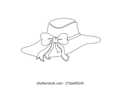 Summer women's hat with a bow. The concept of summer vacation. An illustration in a minimalistic style drawn with a single solid continuous line.