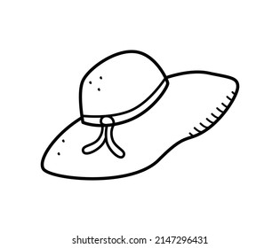 Sombrero de mujer de verano con una cinta del sol. Estilo de doodle de dibujos animados de ilustraciones vectoriales, alocución accesoria