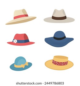 Conjunto de sombrero de mujer de verano. Conjunto de sombreros de playa de mujer de paja de ala ancha de diferentes colores con cintas. Ilustración vectorial aislada sobre fondo blanco