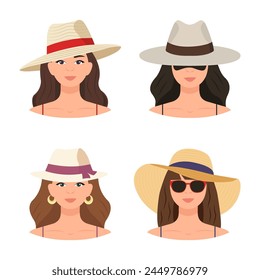 Conjunto de sombrero de mujer de verano. Conjunto de sombreros de playa de mujer de paja de ala ancha de diferentes colores con cintas.  Representando varios diseños de sombreros de mujer. Ilustración vectorial