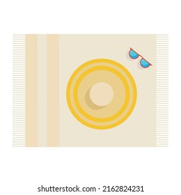 Summer women's hat and sunglasses on a beach towel. Beach stuff. Vector illustration. Flat style
