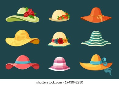 Se ponen sombreros de verano para mujeres. accesorio de gran tamaño con un ramo de flores exuberantes de paja amarilla rayada y protección de tela contra el sol caliente. Vector elegante.