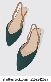 Summer women's sandals with a closed toe.Vector flat image of women's shoes on a gray background. Green sandals. Design for postcards, backgrounds, templates, textiles, posters.