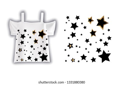 
Summer women's t-shirt. Vector design of a female blouse. Vector drawing on women's t-shirt. Fashion women clothes. Vector drawing of stars on female clothes.