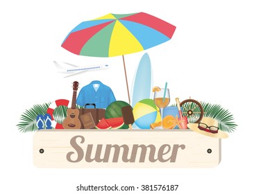 summer wood board with ukulala Ring rescue sandal shirt travel bag water melon surfboard ball juice steering boat hat airplane and umbella