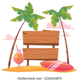 Summer wooden board tourism landscape concept. Vector flat cartoon graphic design illustration