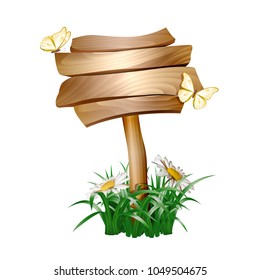 Summer wooden sign in green grass with chamomiles and flying butterflies. Vector illustration isolated on white background.