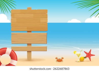 summer wooden sign on tropical beach background