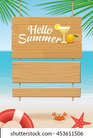 Summer Wooden Sign On Tropical Beach Background