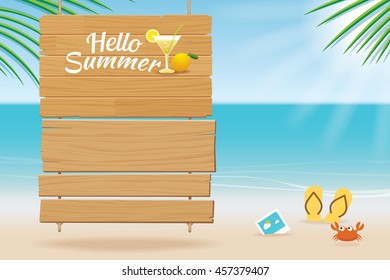 summer wooden sign on tropical beach background