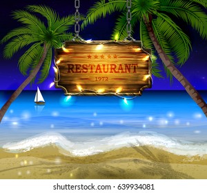 summer wooden sign on tropical beach background
