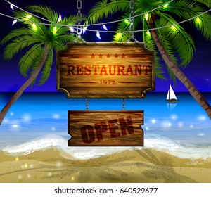 summer wooden sign on tropical beach background