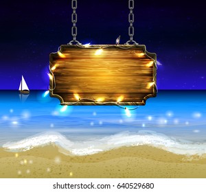 summer wooden sign on tropical beach background