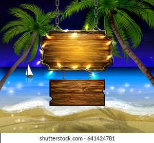 summer wooden sign on tropical beach background