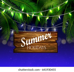 summer wooden sign on tropical beach background