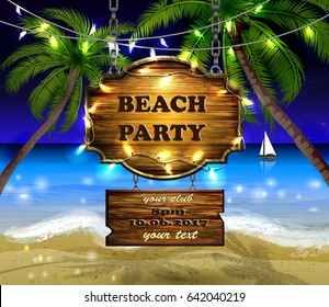 summer wooden sign on tropical beach background