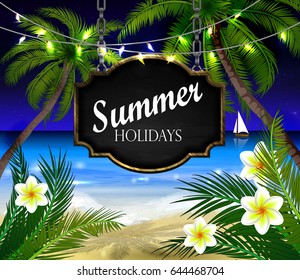 summer wooden sign on tropical beach background