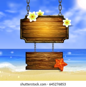 summer wooden sign on tropical beach background