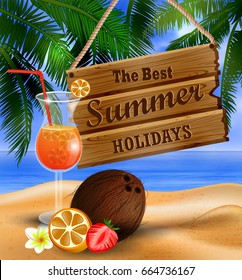 summer wooden sign on tropical beach background