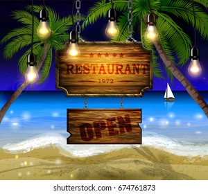 summer wooden sign on tropical beach background