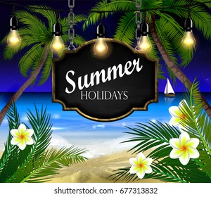 Summer wooden sign on tropical beach background