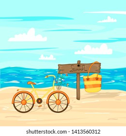 Summer wooden sign with a place for text on the background of the sea and sand. Vector illustration.