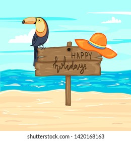 Summer wooden sign with a place for text on the background of the sea and sand. Vector illustration.