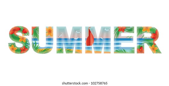 Summer word banner with a scarlet sail  , vector illustration