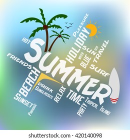 Summer word cloud concept. with colorful palms, sun and surfboard. white sign. Vector illustration