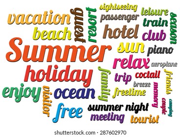 A summer word cloud on a white background. 