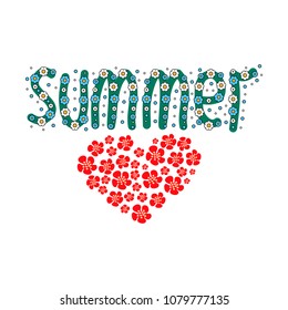 Summer word collage with heart,sun and flowers on white background. Cool hipster design element for t shirt printing,greeting cards,fabric,cloth,textile,logo,poster,banner,label. Vector illustration.