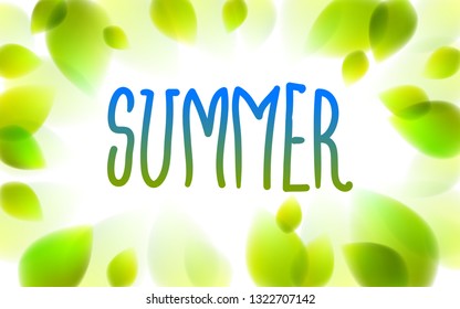 Summer word drawn on a window, fresh green leaves blurred background, vector realistic illustration, summertime nature beautiful art.