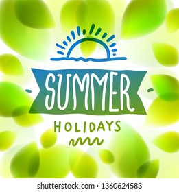 Summer word drawn on a window, fresh green leaves blurred background, vector realistic illustration, summertime nature beautiful art.