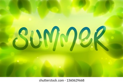 Summer word drawn on a window, fresh green leaves blurred background, vector realistic illustration, summertime nature beautiful art.
