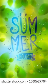Summer word drawn on a window, fresh green leaves and water rain drops or condensate macro, vector 3d realistic transparent illustration, summertime nature beautiful art.