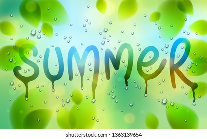 Summer word drawn on a window, fresh green leaves and water rain drops or condensate macro, vector 3d realistic transparent illustration, summertime nature beautiful art.