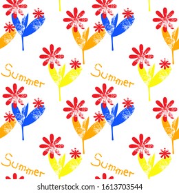 Summer word and flowers in vector seamless pattern. Botanical illustration. Design element for wrapping, web, backgrounds, textile and paper. Red, yellow, blue and orange colors pattern.