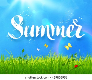 Summer word hand drawn vector grunge texture lettering on sunlight meadow background with grass, blue sky and butterflies.