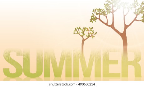 Summer Word with Lush Grass and Trees - Vector Illustration